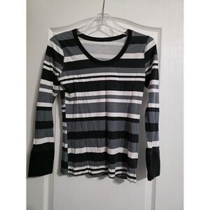 Two Win Win Women Black White Gray Striped Floral Thermal Top Small Long Sleeve
